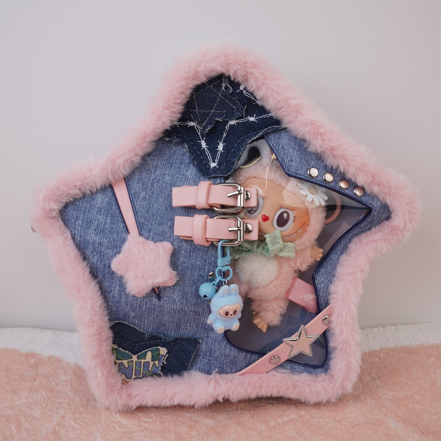 Kawaii Star Ita Bag – Plush Trim, Denim Patchwork & Transparent Display